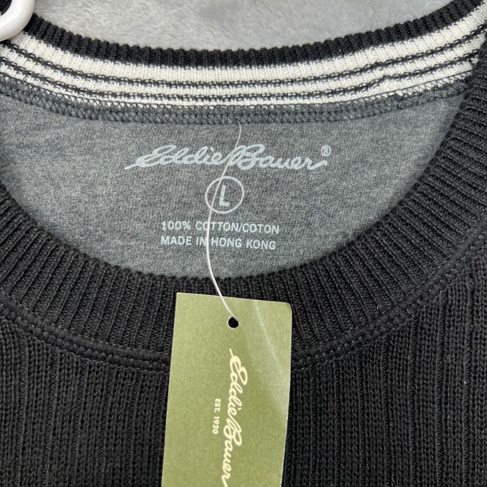 Eddie Bauer Sweater Mens Large Black Ribbed Cotton Tape Sleeve Crewneck - Picture 2 of 6